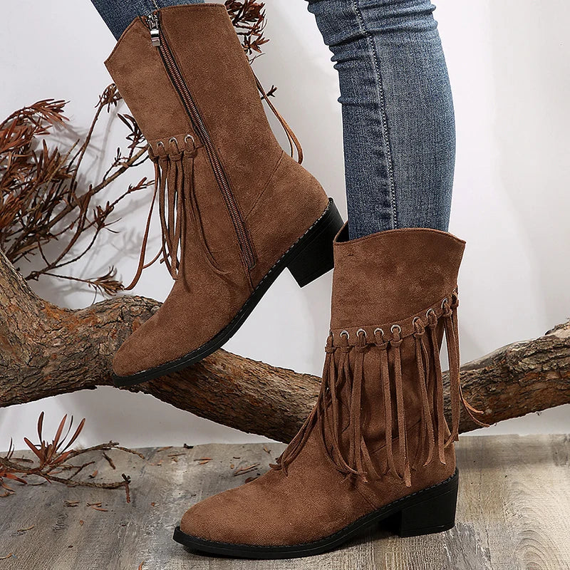 Vintage Tassels Thick Heels Mid Calf Boots Women Autumn Winter Pointed Toe Western Boots Woman Plus Size 43 Zipper Cowboy Botas