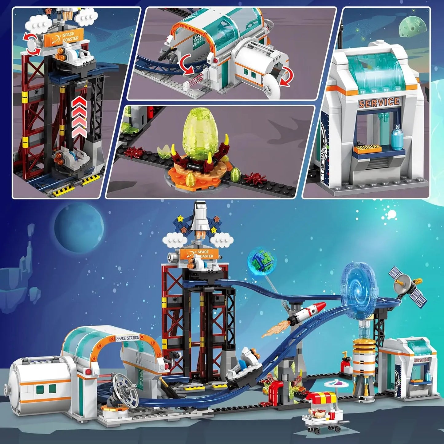 Space Roller Coaster Building Toy-888PCS Lift Platform, Satellites, Rocket Park