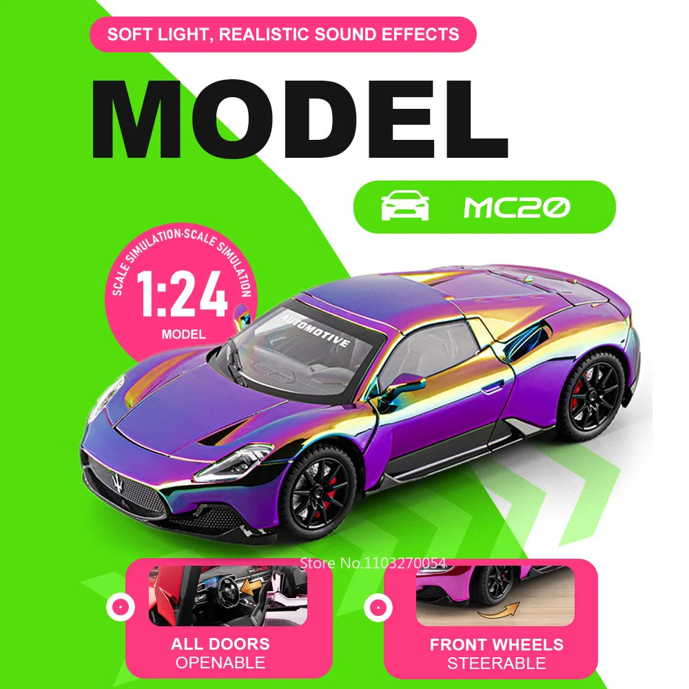 1:24 MC20 PAGANI Huayra Alloy Supercar Model Diecast Toys Four Wheel Suspension Sound Light Pull Back Vehice Children's Day Gift