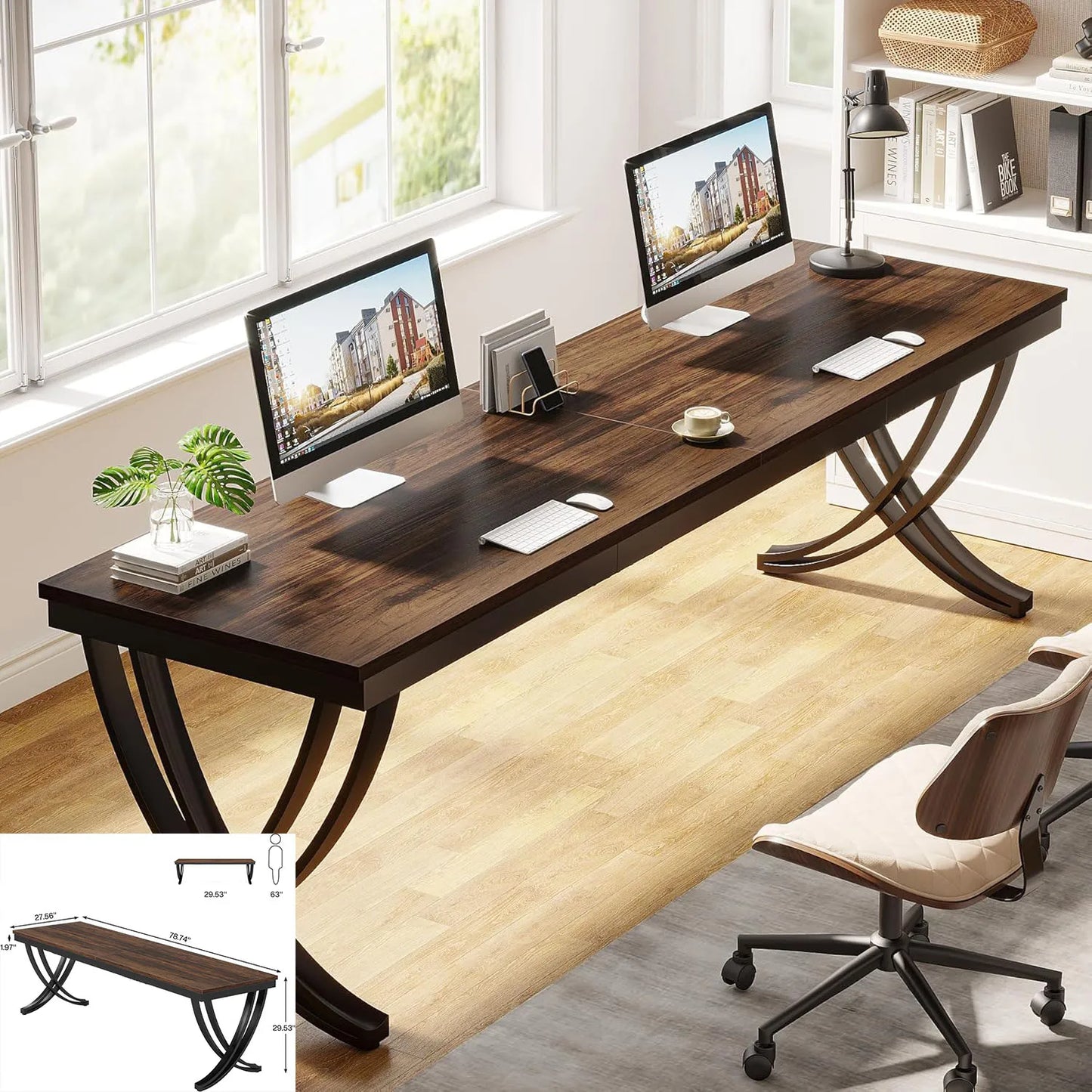 Computer Desk, 200 x 60 x 82 cm, Double Long Desk with 2 Drawers, Office Table