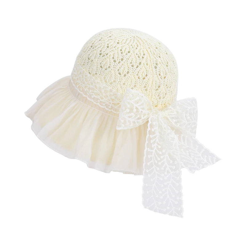 6179-New summer women's sheer breathable sun hat with children's lace ribbons and bow at the brim, fisherman style hat