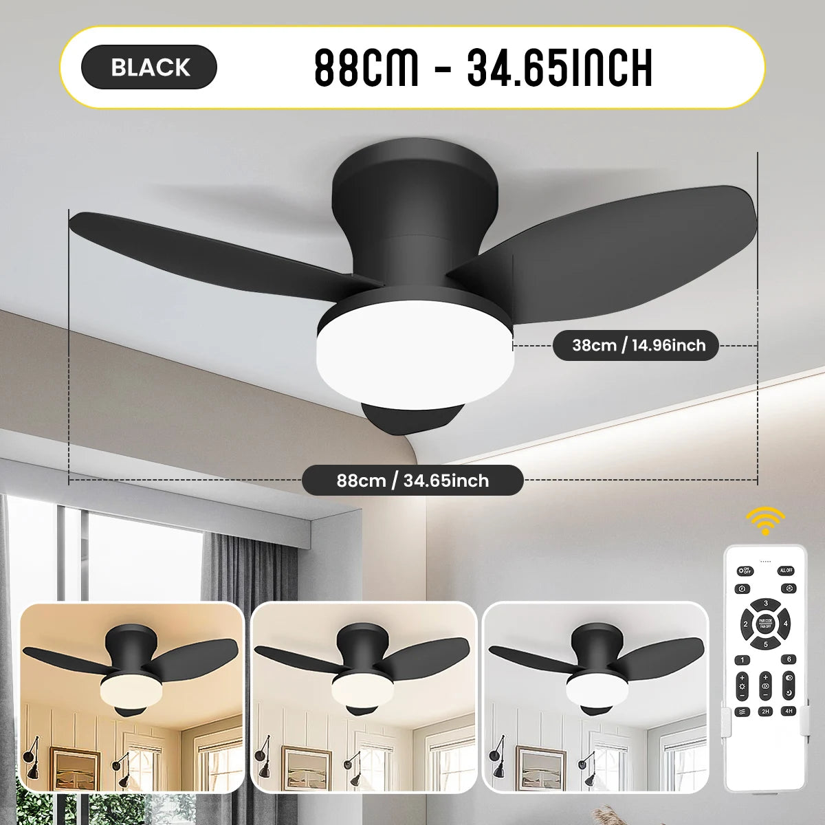 Three Leaf Ceiling Fan with Dimmable Light & Remote Control, 6 Speed, Noiseless
