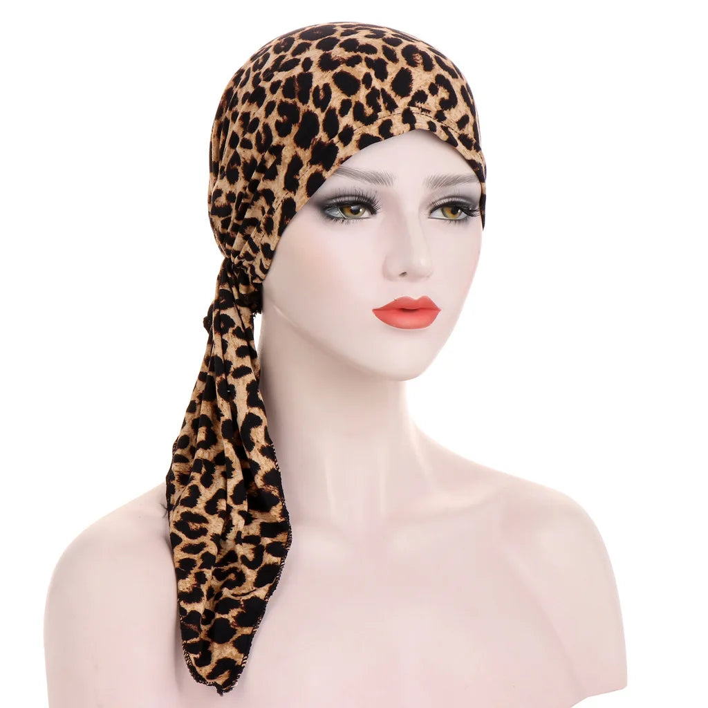 Trendy Print Women Muslim Hijab Caps Wrap Head Soft Elastic Long Tail Turban Bonnet Fashion Headdress Wearable