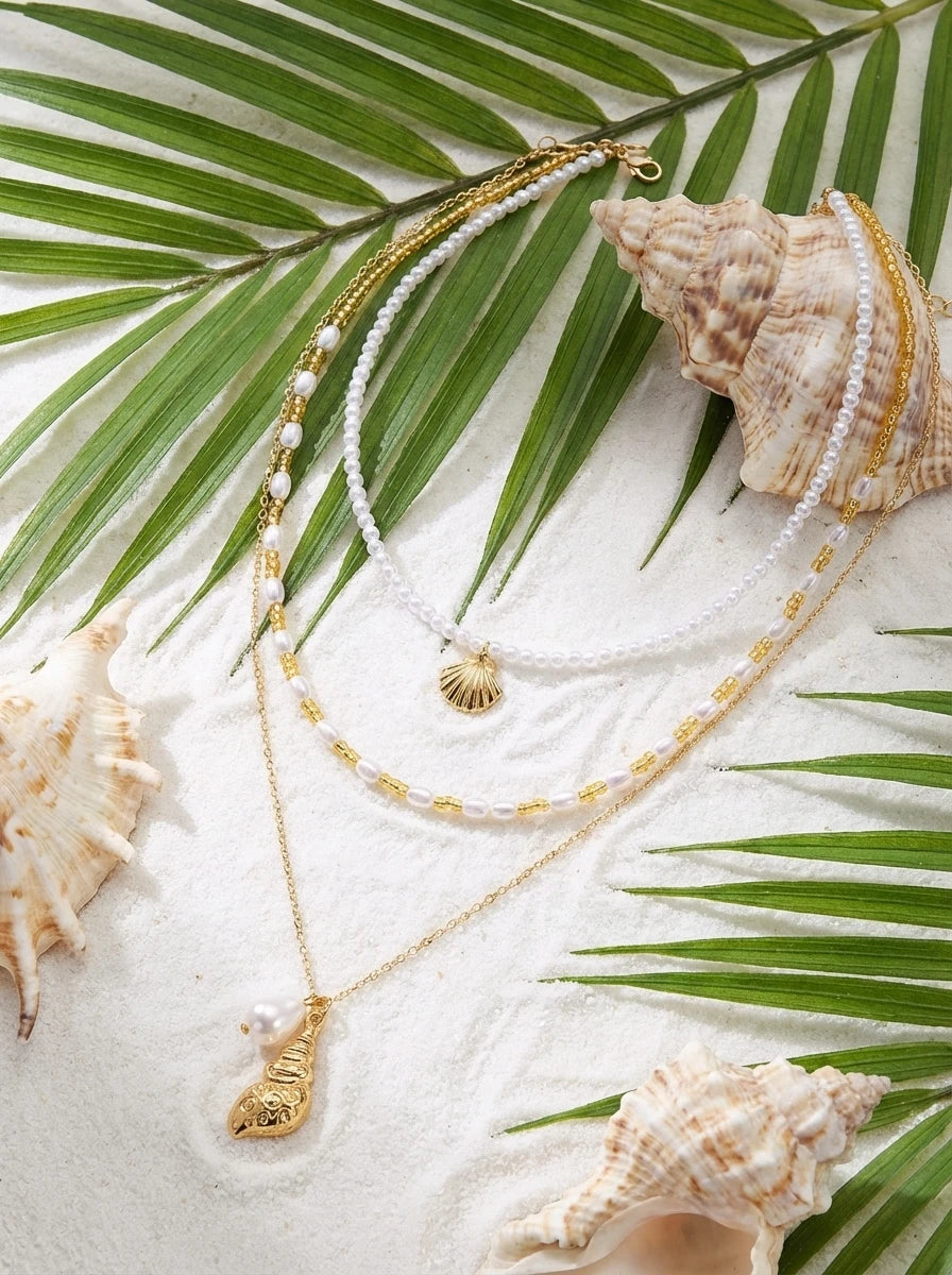 3Pcs Bohemian Conch Faux Pearl Seed Bead Choker Necklace Beach Vacation Ocean Layered Jewelry Set