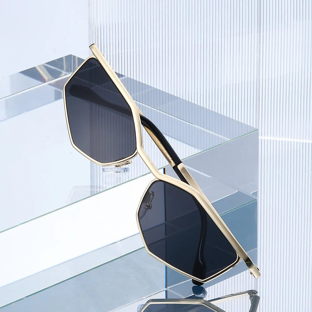 JNPCXI New Cat Eye Polygon Metal Sunglasses Women Shades UV400 Fashion Gradient Men Sun Glasses