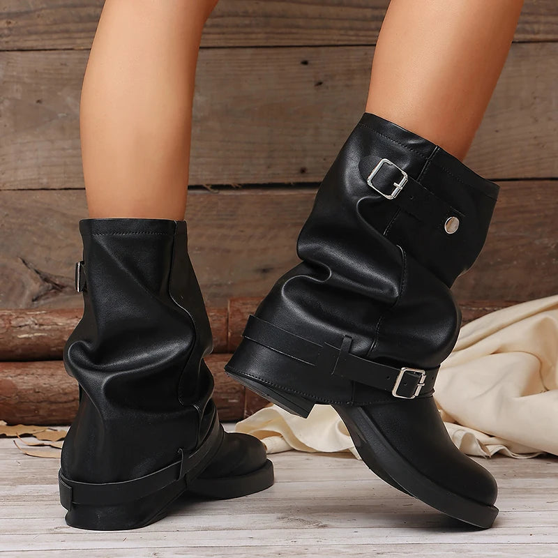 Fashion Buckle Black Pu Leather Ankle Boots Women Slip On Thick Heels Punk Motorcycle Boots Woman Plus Size 42 Slouchy Botas