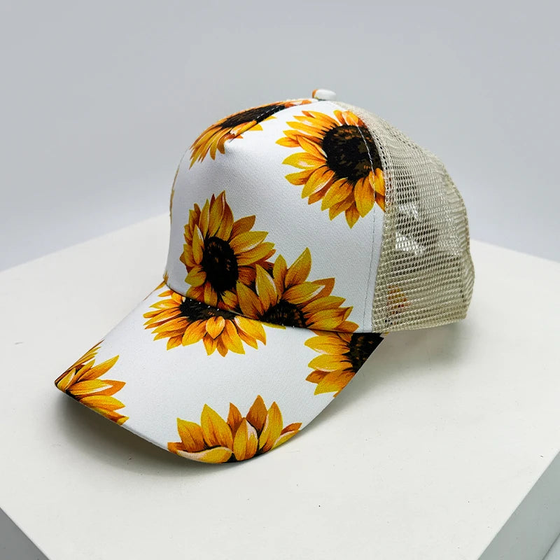 New Women Print Sunflower Color Block Baseball Hats Breathable Criss Cross Ponytail Sunshade Versatile Trucker caps Mesh Fashion