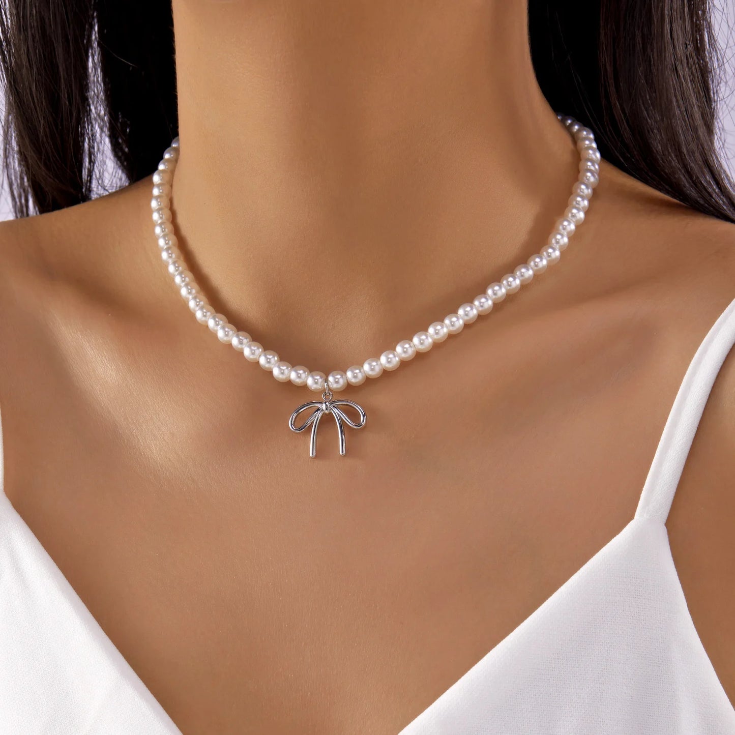 Elegant Fashion Bowknot Pearl Choker Necklace for Women Girl Cute Romantic Handmade Colorful Beads Collarbone Chain Jewelry Gift