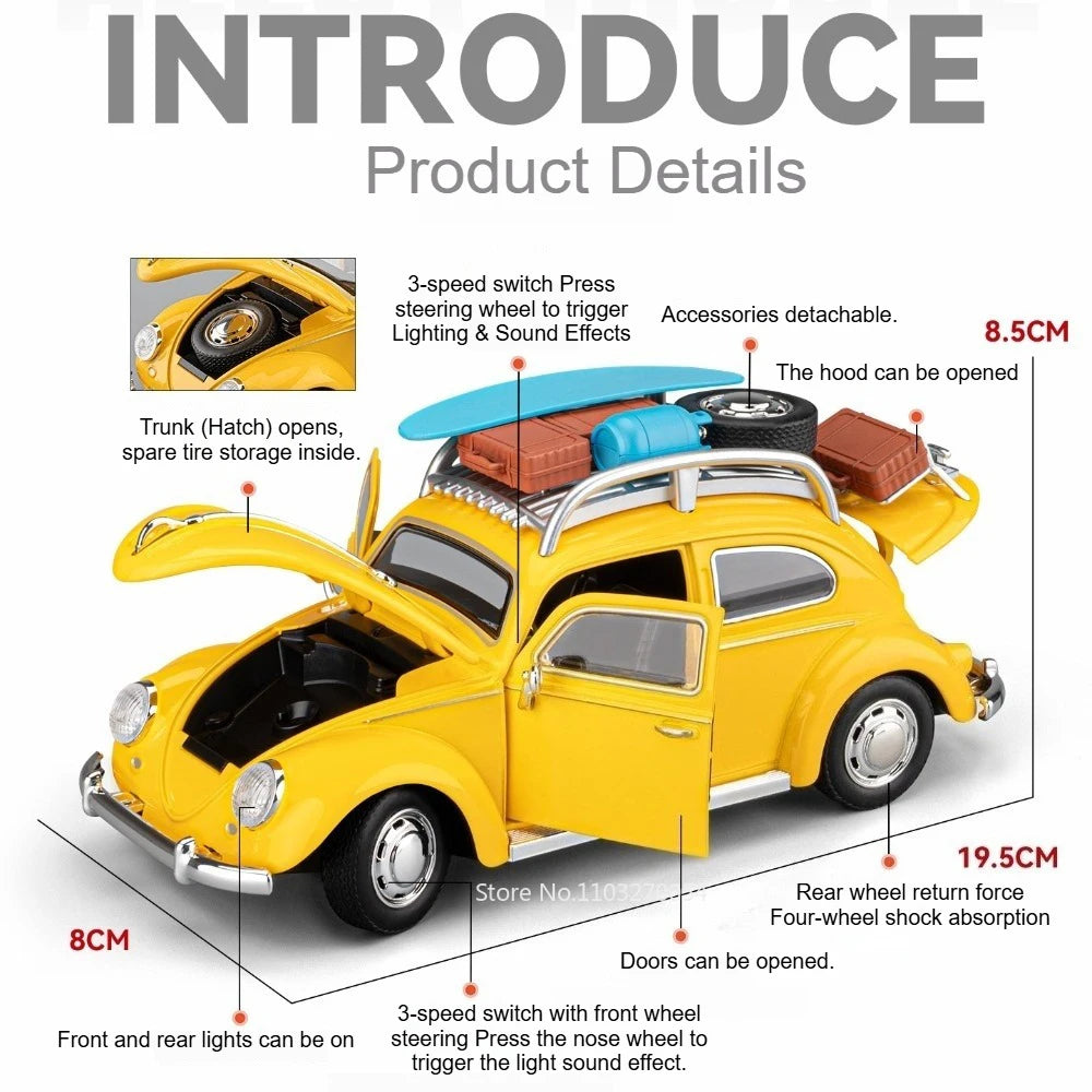1:24 Beetle Santana Model Car Diecast Alloy Toys Front Wheel Steering with Sound Light Pull Back Models Vintage Cars Collection