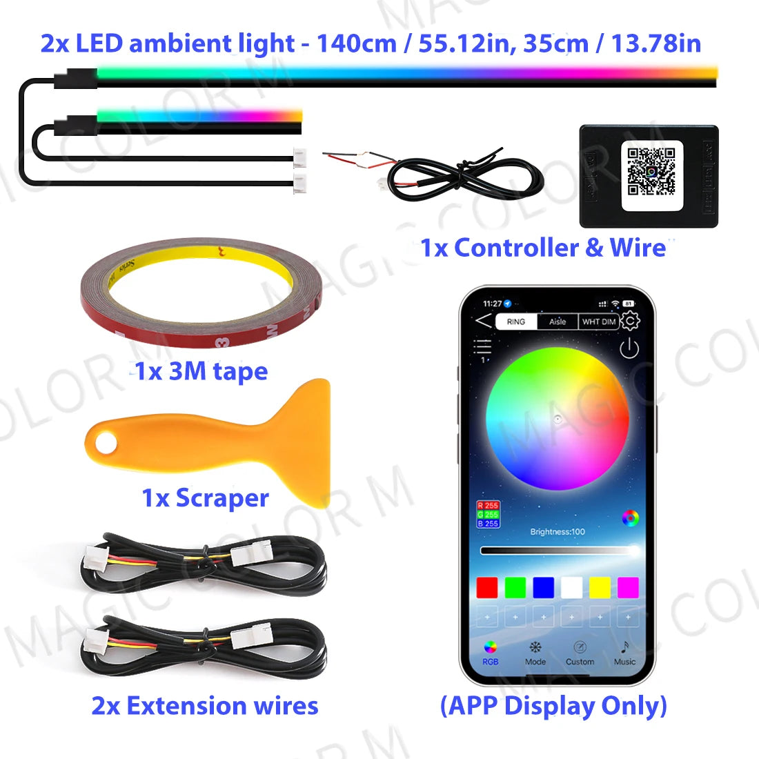 140cm 55.12" Car Ambient Light LED Symphony RGB Interior Acrylic Strips Dashboard Decoration Console Atmosphere Lamp App Control