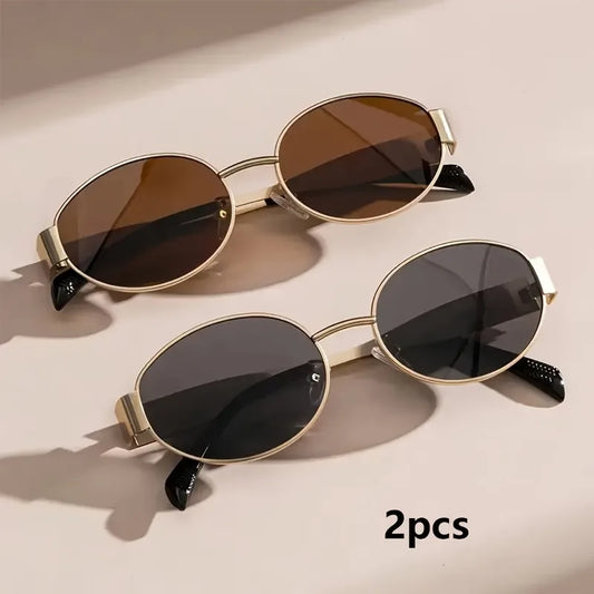 2pcs Summer Women's Fashion Glasses Retro Oval Metal Frame Ins Style Trendy Unisex Glasses Daily Commuting Beach Vacation