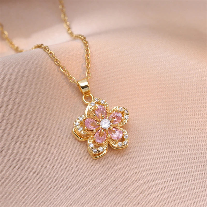 Light Luxury Rotating Flower Pendant Necklace for Women Fashion Zircon Flower Choker Stainless Steel Clavicle Chain Jewelry Gift