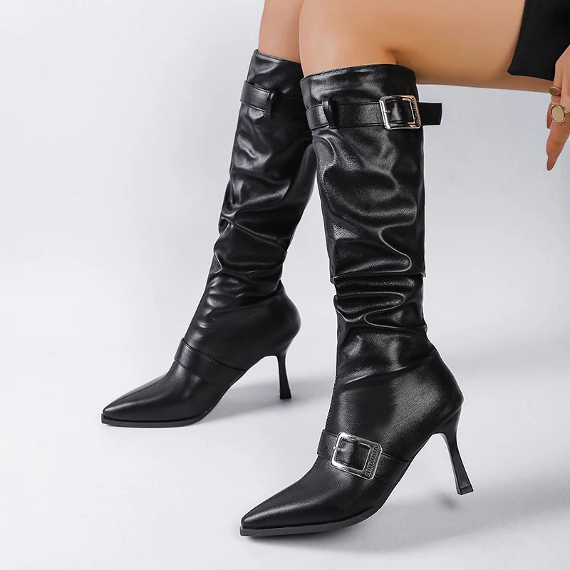 Sexy Black Pointed Toe Knee High Boots Women Fashion Belt Buckle Thin Heel Long Boots Woman Pu Leather High Heel Botas Mujer 42