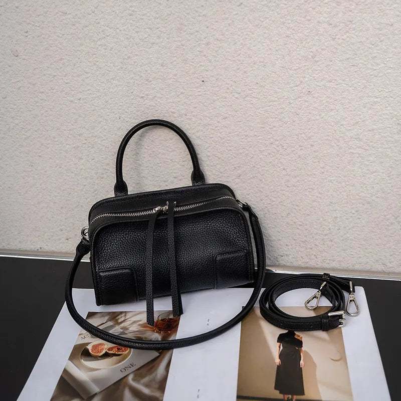 Genuine Cowhide Leather Mini Boston Bag for Women Top Handle Crossbody Bag with Zipper Closure Luxury Designer Messenger bags