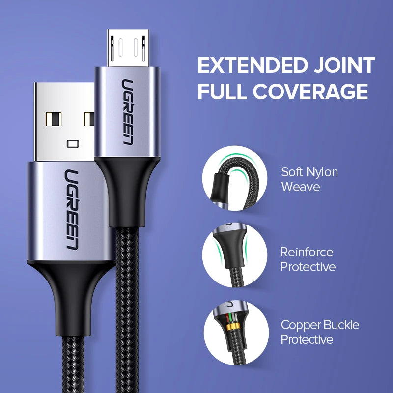 UGREEN 2 Pack Micro USB Cable 3A Fast Charging 1.5m USB Cable for Samsung Xiaomi HTC USB Charger Data Cable Mobile Phone Cable