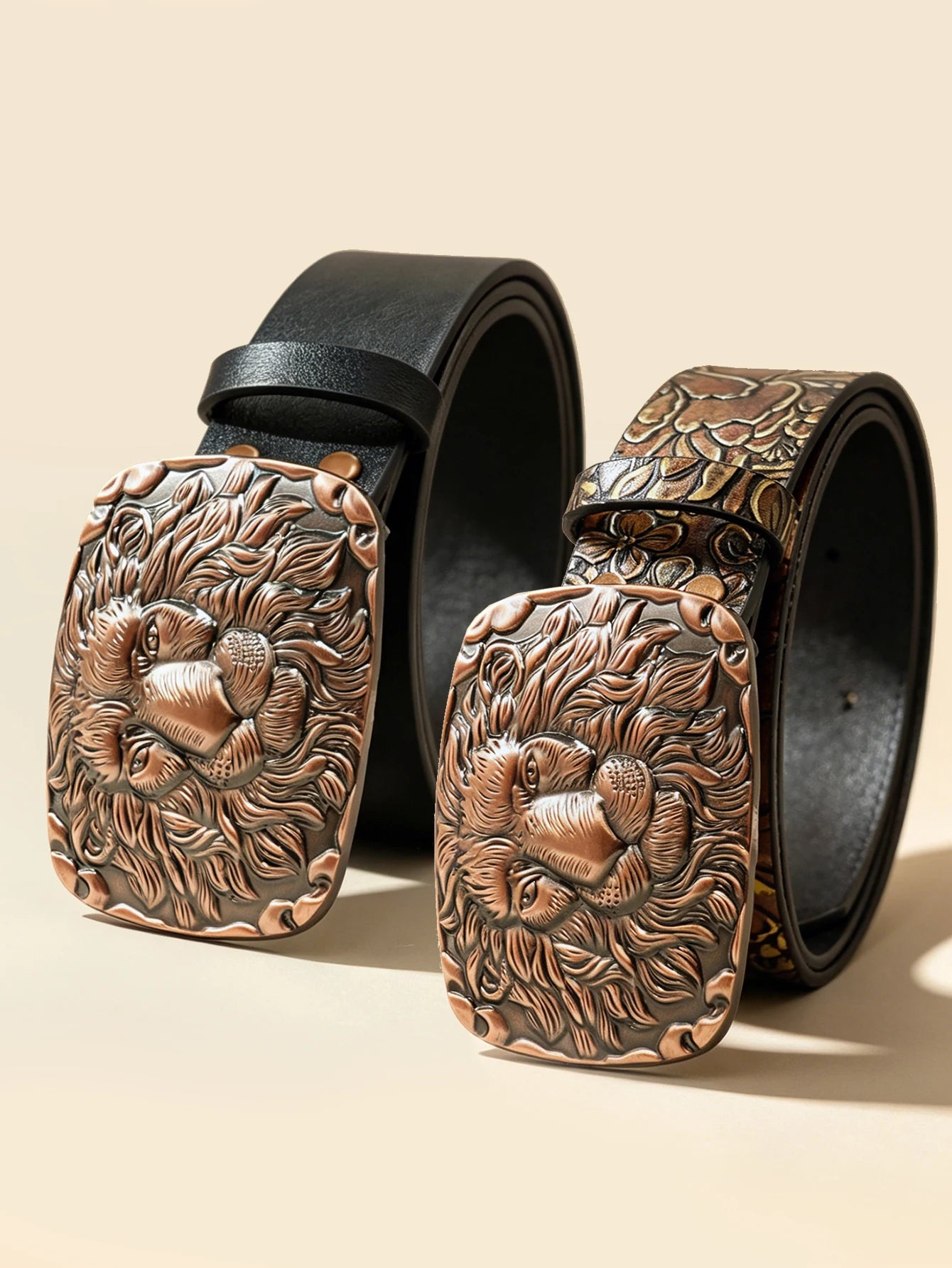 Vintage Lion Head Engraved Belt, Antique Bronze Buckle Men's Floral Embossed Cowboy Waistband