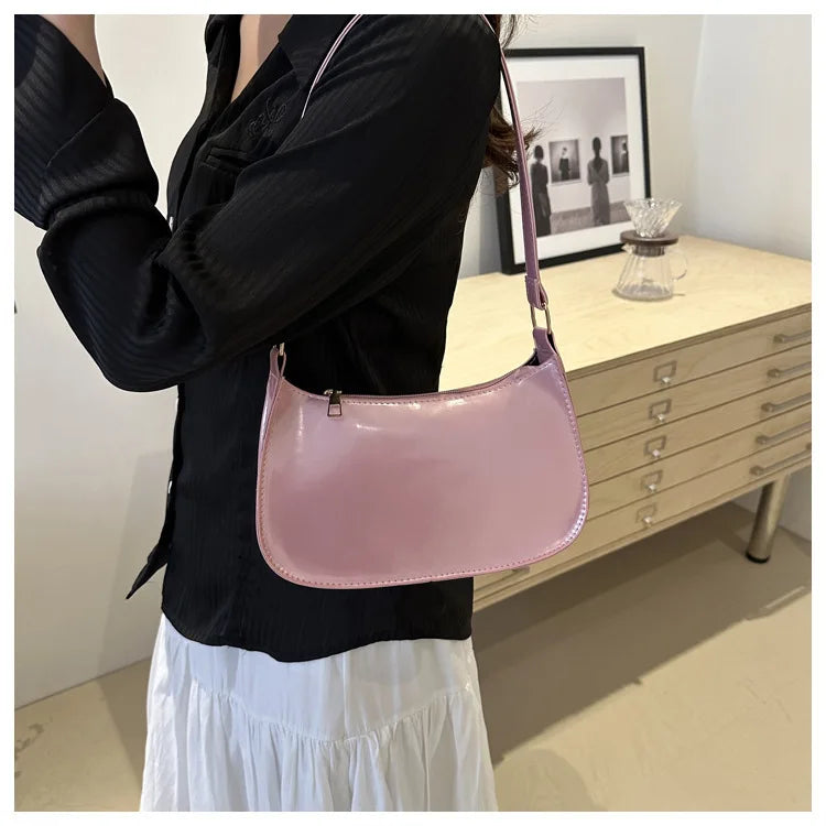 Women's Pink Patent Leather Versatile Shoulder Casual Bag Zipper Handbags