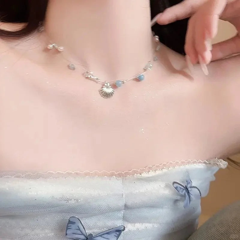 Summer Beach Shell Starfish Pendant Necklace for Women Girls Elegant Imitation Pearl Clavicle Chain Vacation Jewelry Accessories