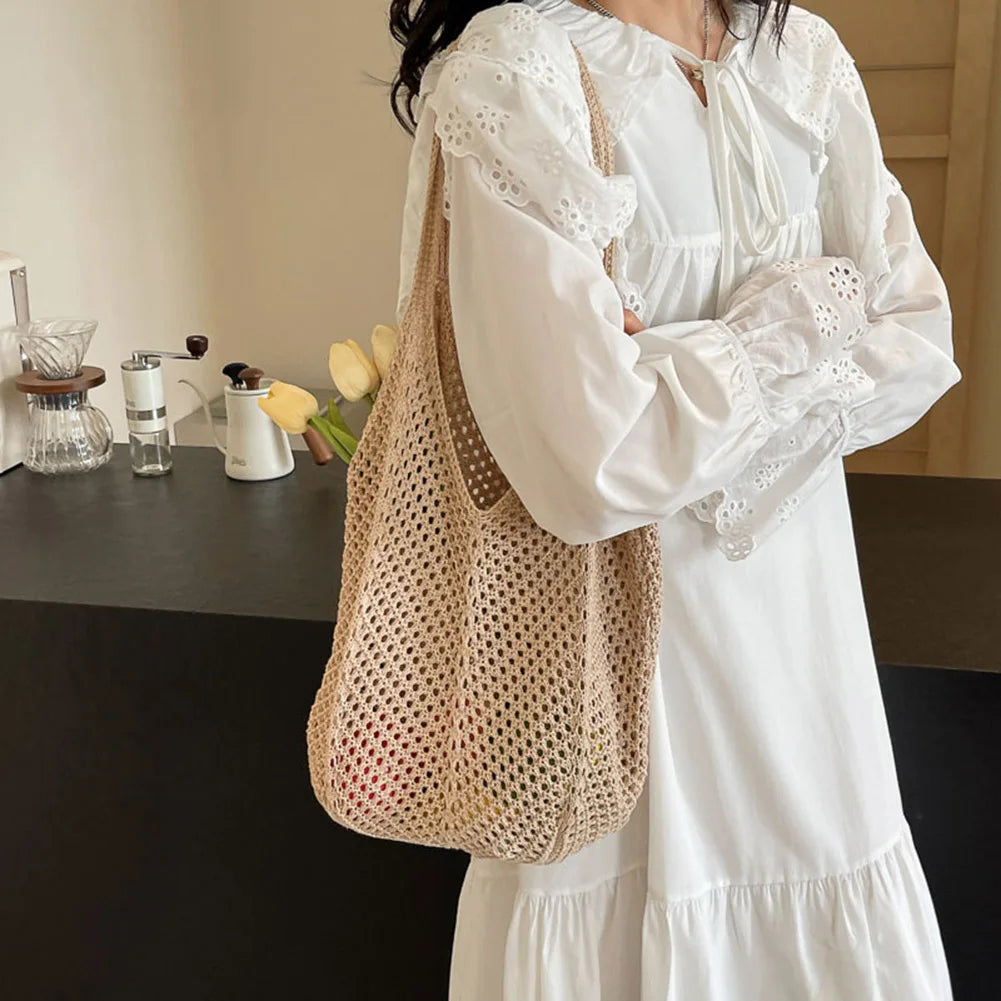 Women Knitting Shoulder Bag Large Capacity Knitting Underarm Bag Solid Crochet Tote Handbag Summer Mesh Beach Bag Hobo Bag