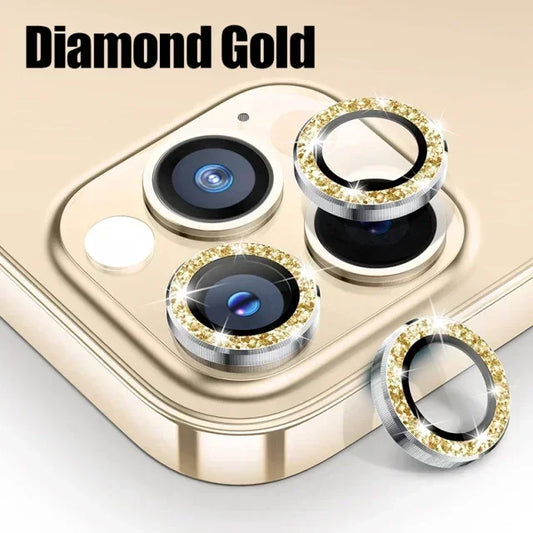 3Pcs Diamond Gold Camera Lens Protector iPhone 11-15 ProMax 14/13 Mini 15 Plus