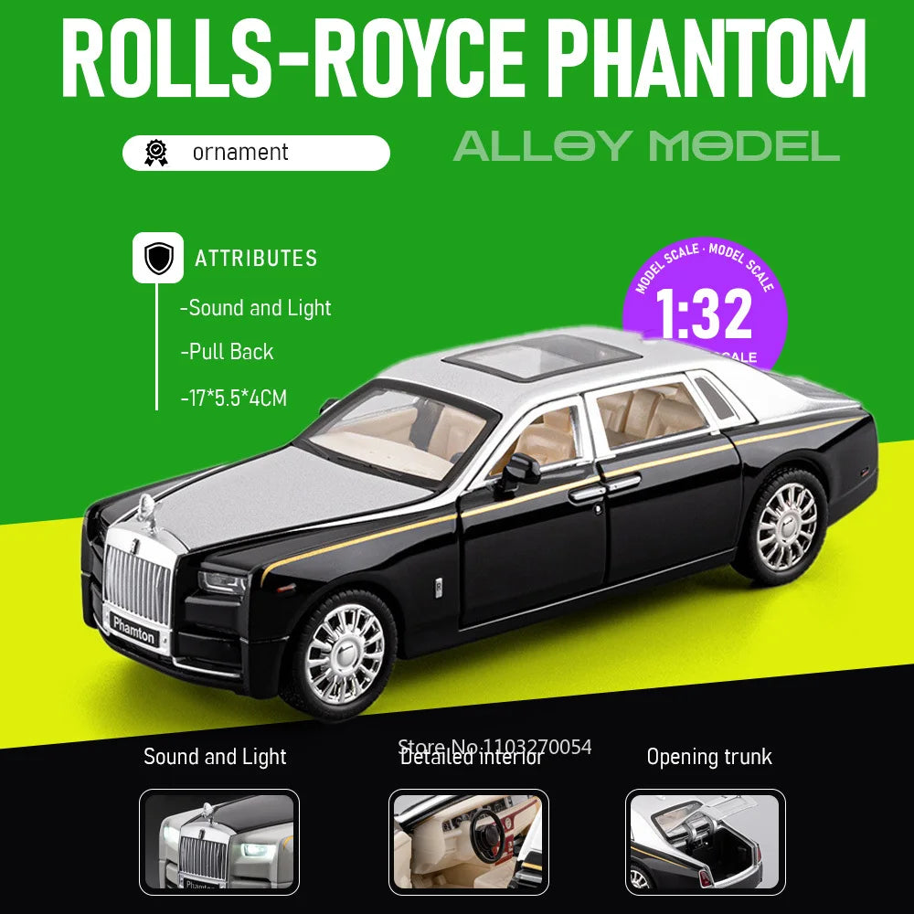 1:32 Rolls Royce Phantom Cullinan Diecast Alloy Model Toys Car Doors Opened with Sound Light Pull Back Toy Bookshelf Decorations