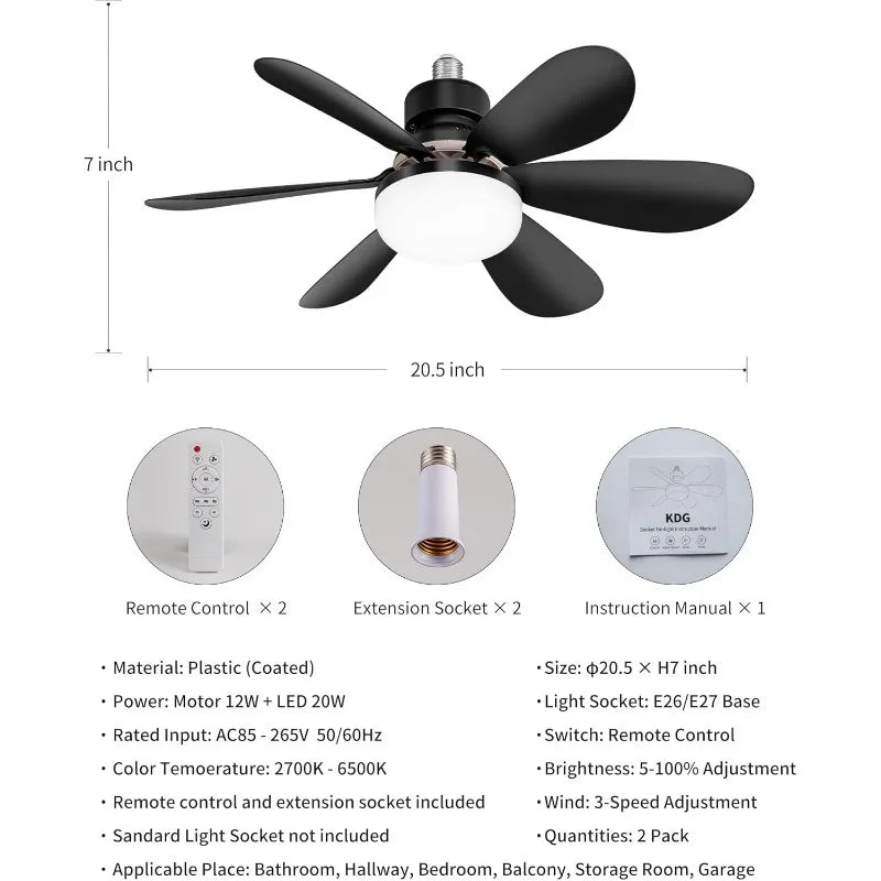 Ceiling Fans with Light Low Profile LED Socket Fan Lamps 3 Colors Dimmable Light