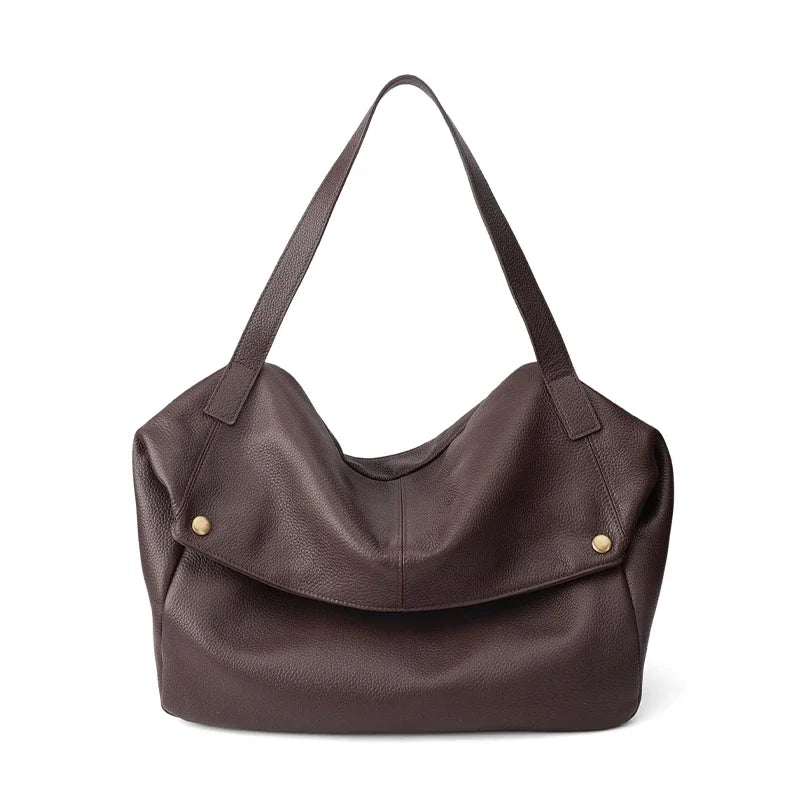 Genuine Cowhide Leather Large Slouchy Tote Bag for Women Pebbled Leather Foldable Shoulder Crossbody Bag Casual Leather Yoga Bag