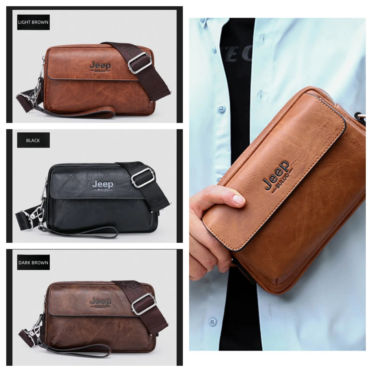 JEEP BULUO Brand Small Men Buckle Bags Leather Shoulder Crossbody Totes Handbags