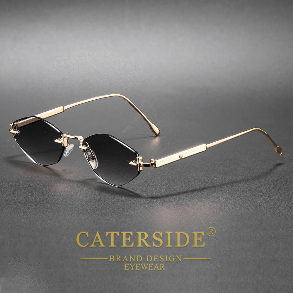 CATERSIDE Men's Small Frameless Sunglasses High-Quality Polygon Metal Frame Y2K Sun Glasses Women's Party Outdoor Glasses UV400