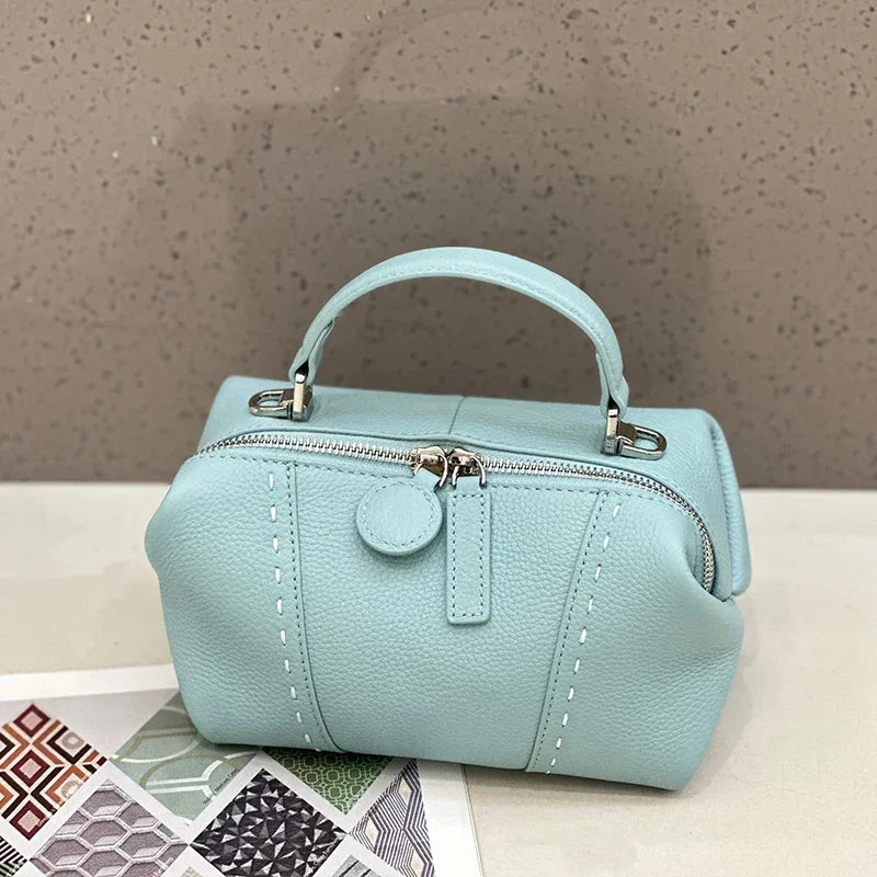 Genuine Cowhide Leather Mini Boston Bag for Women Luxury Designer Pebbled Leather Top Handle Crossbody Bag in Multi Colors