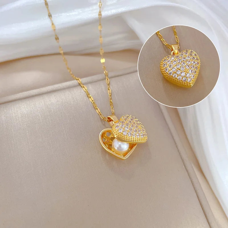 Fashion Shell Starfish Pearl Pendant Necklace for Women Stainless Steel Zircon Heart Clavicle Chain Summer Beach Jewelry Gift