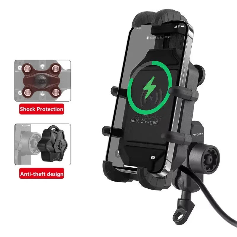 Motorbike Wireless Charger 4-7in Phone Holder, 3.0 Quick Charging GPS Moto Mount