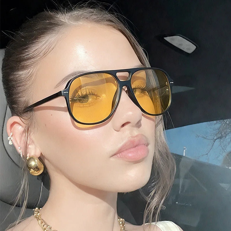 JNPCXI New Vintage Double Bridges Men Square Sunglasses Fashion Green Ocean Lens Eyewear Women Trending Rivets Sun Glasses UV400