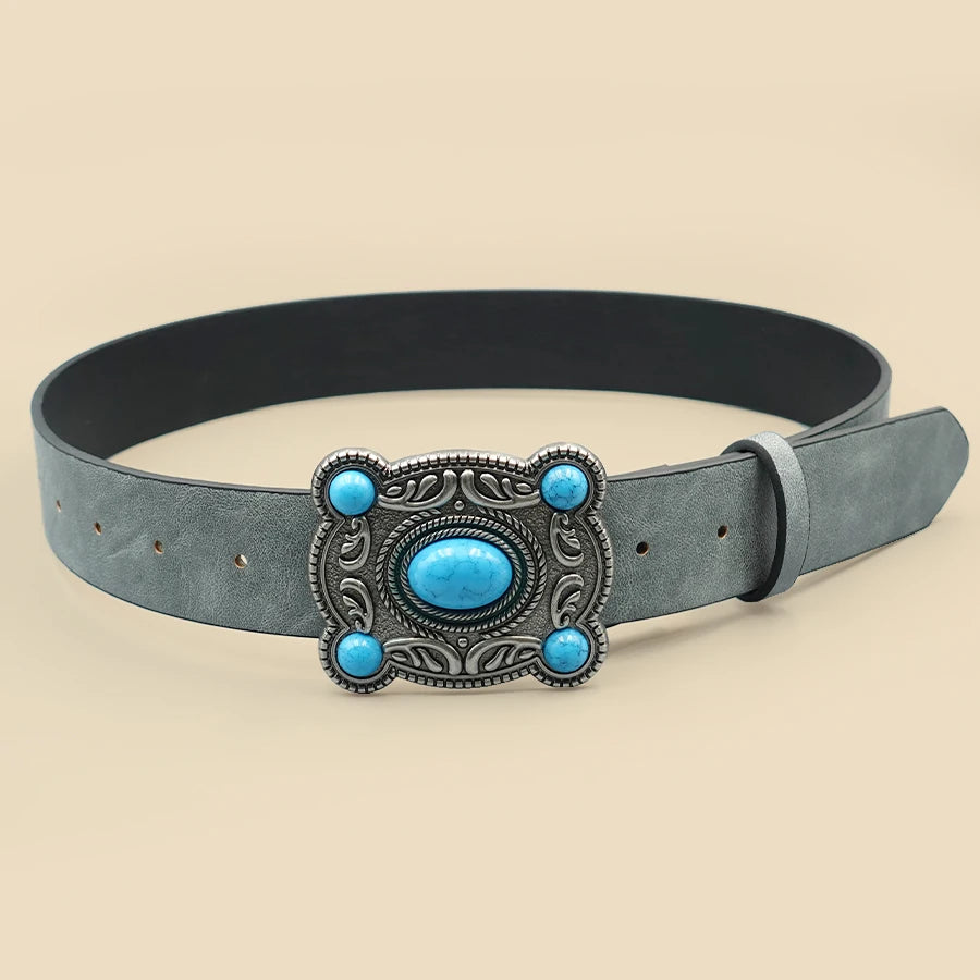 Bohemian Turquoise Square Buckle Belt - Premium Pu Waist Cincher with Minimalist Ethnic Design for Music Festivals & Dresses