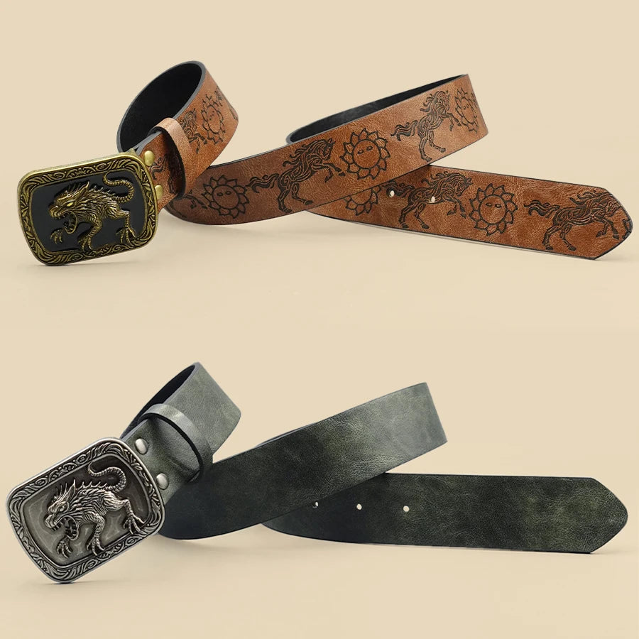 Western Cowboy Street Style Belt - Monster Motif Carved Vintage Print for Daily Wear, Commute & Casual Outfits