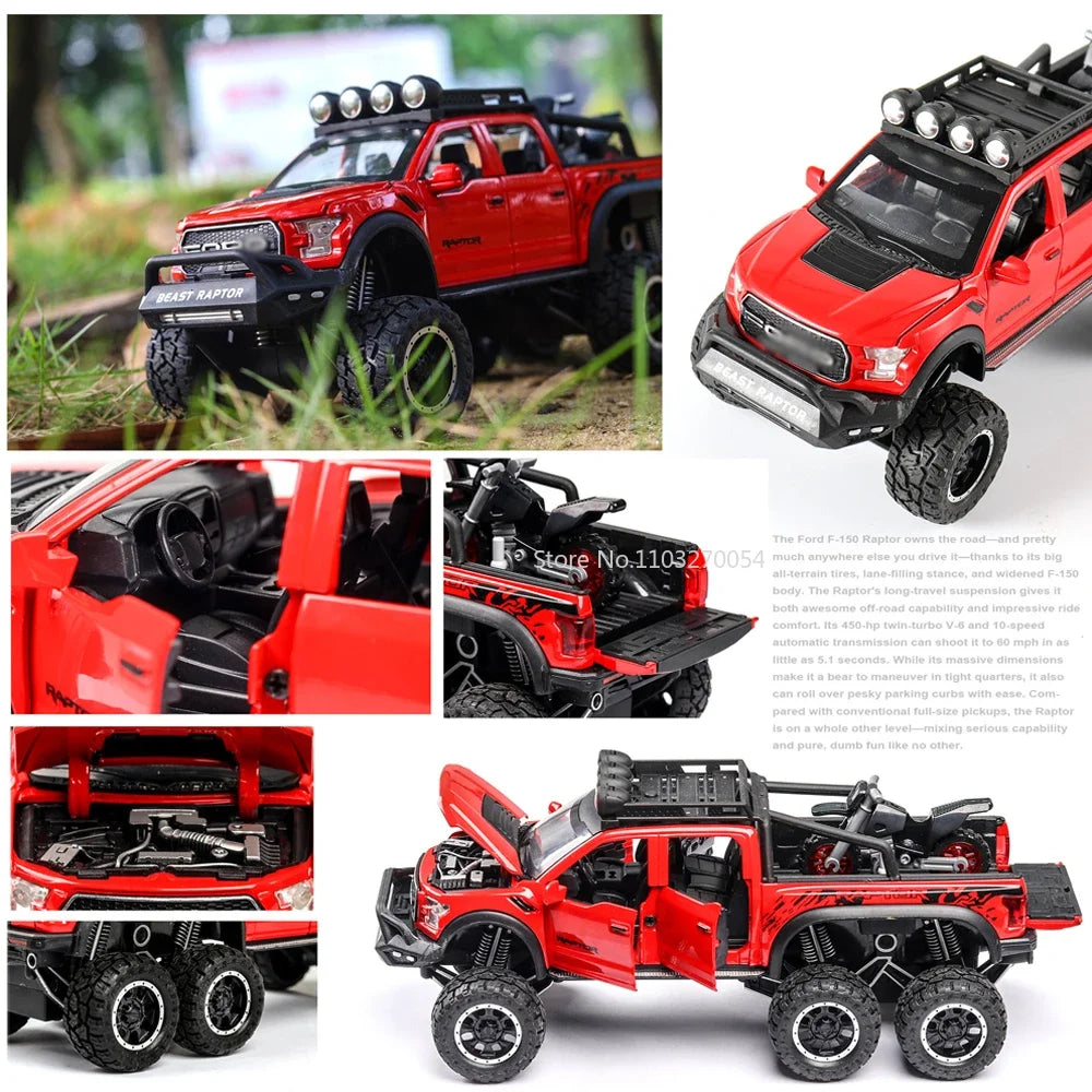 1/28 Scale Raptor F150 Alloy Truck Cars Model Toys Metal Diecasts Sound Light Pull Back Off-Road Vehicles for Kids Birthday Gift