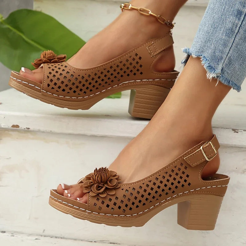Fashion Flowers High Heels Sandals Women Back Strap Hollow Out Summer Sandles Woman 2025 Plus Size Thick Heeled Sandalias Mujer