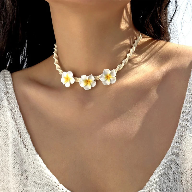Bohemia Polymer Clay Beaded Flower Necklace for Women Handmade Woven Rope Chain Choker Necklace Summer Beach Jewelry Accessories