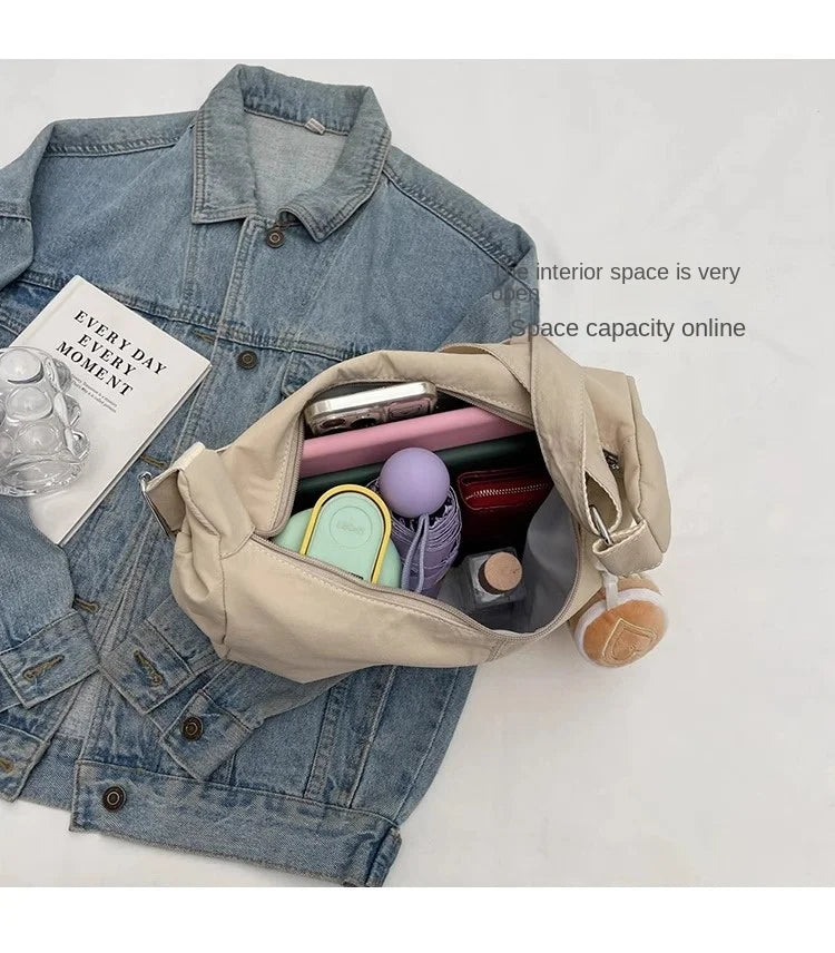 White Women Japan Hobo Embroidery Shoulder Bag Versatile Waterproof Commuter Bag