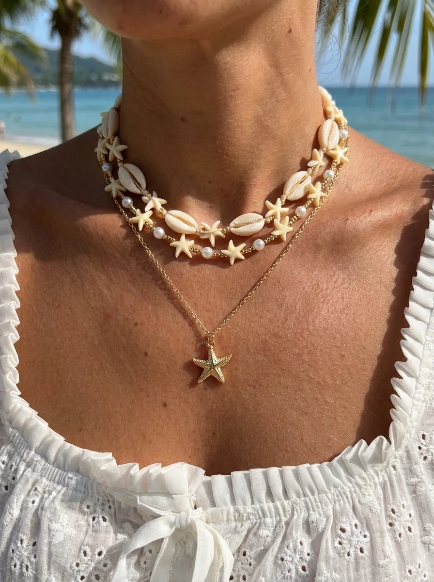 3Pcs Ocean Starfish Shell Conch Seed Bead Choker Layered Summer Beach Vacation Necklace Set