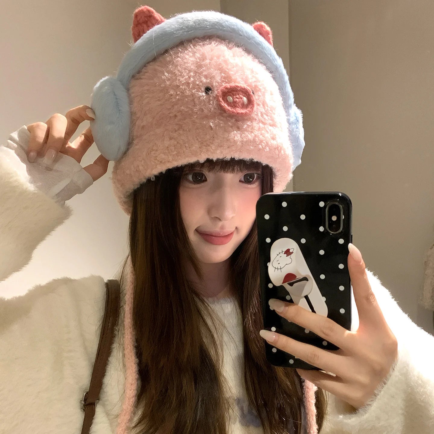 Cute Little Snowman Earmuffs Plush Hat Winter Thickening Warm Belt Adjustable Windproof Ear Protection Knitted Hat
