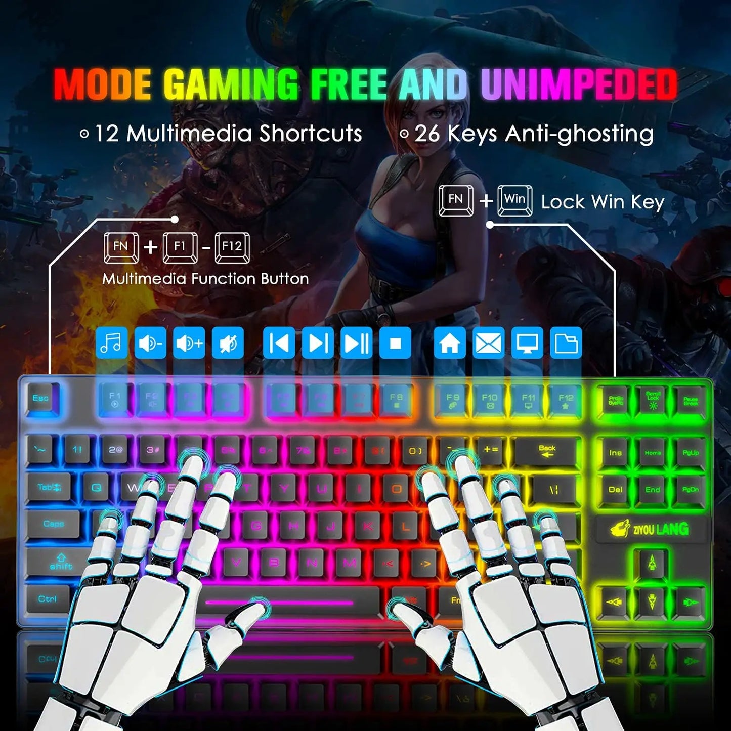 Wireless Gaming Keyboard and Mouse, Rainbow Backlit Rechargeable 3800mAh Battery