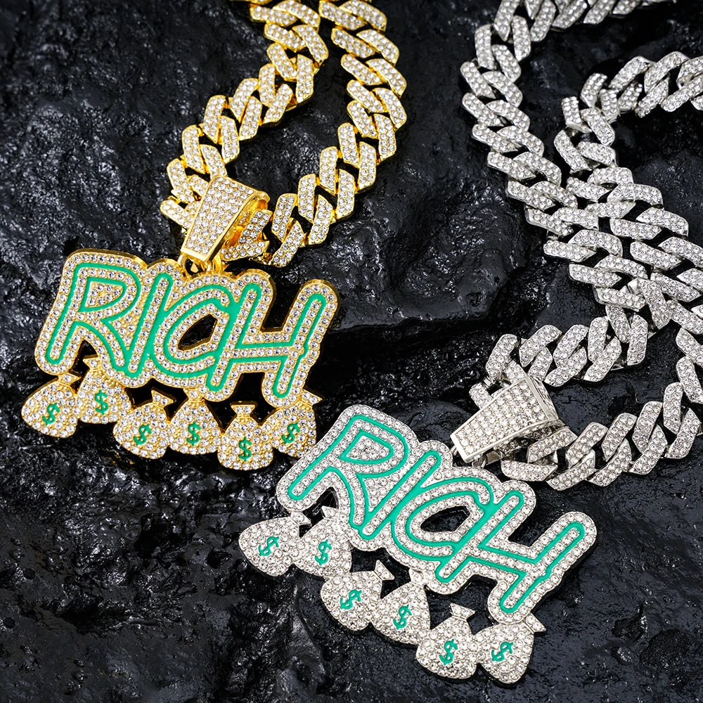 Hip Hop Men Become Rich Money Bag Letter Pendant Necklace With 14mm Miam Iced Out Trendy Dollar Cuban Link Chain Necklaces Gift