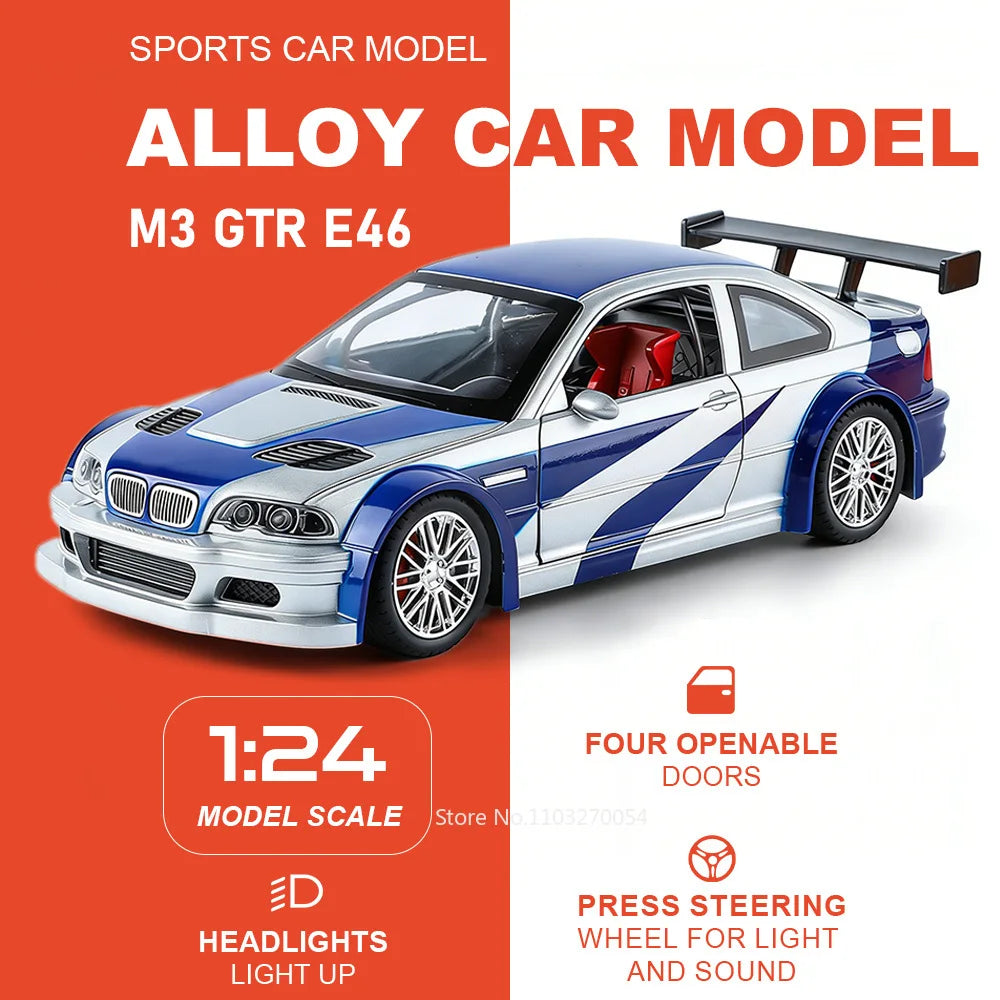 1:24 M3 GTR E46 R34 Model Diecast Alloy Sportscar Toys Sound Light Pull Back Front Wheel Steering Vehcie Children's Holiday Gift