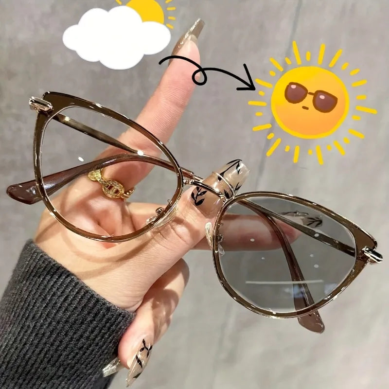 Color Changing Lenses Transparent To Grey Fashionable Cat Eye Transparent Lenses Women's Glasses Anti Blue Light