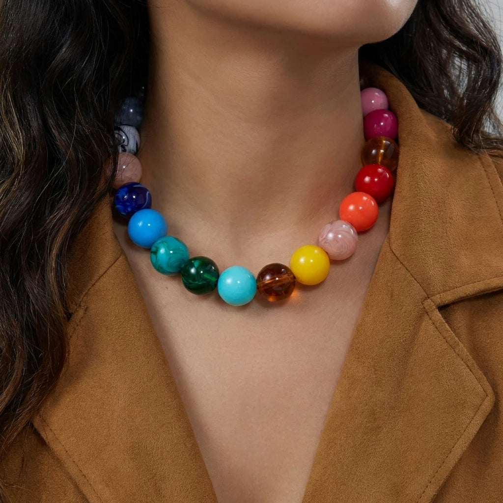 Chunky Dopamine Colorful Resin Bead Necklace for Women Y2K Aesthetic Rainbow Candy Pendant Necklace Statement Jewelry