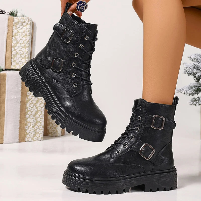 Fashion Buckle Black Motorcycle Boots Women Pu Leather Platform Ankle Boots Woman Plus Size 35-42 Thick Sole Lace Up Shoes Mujer