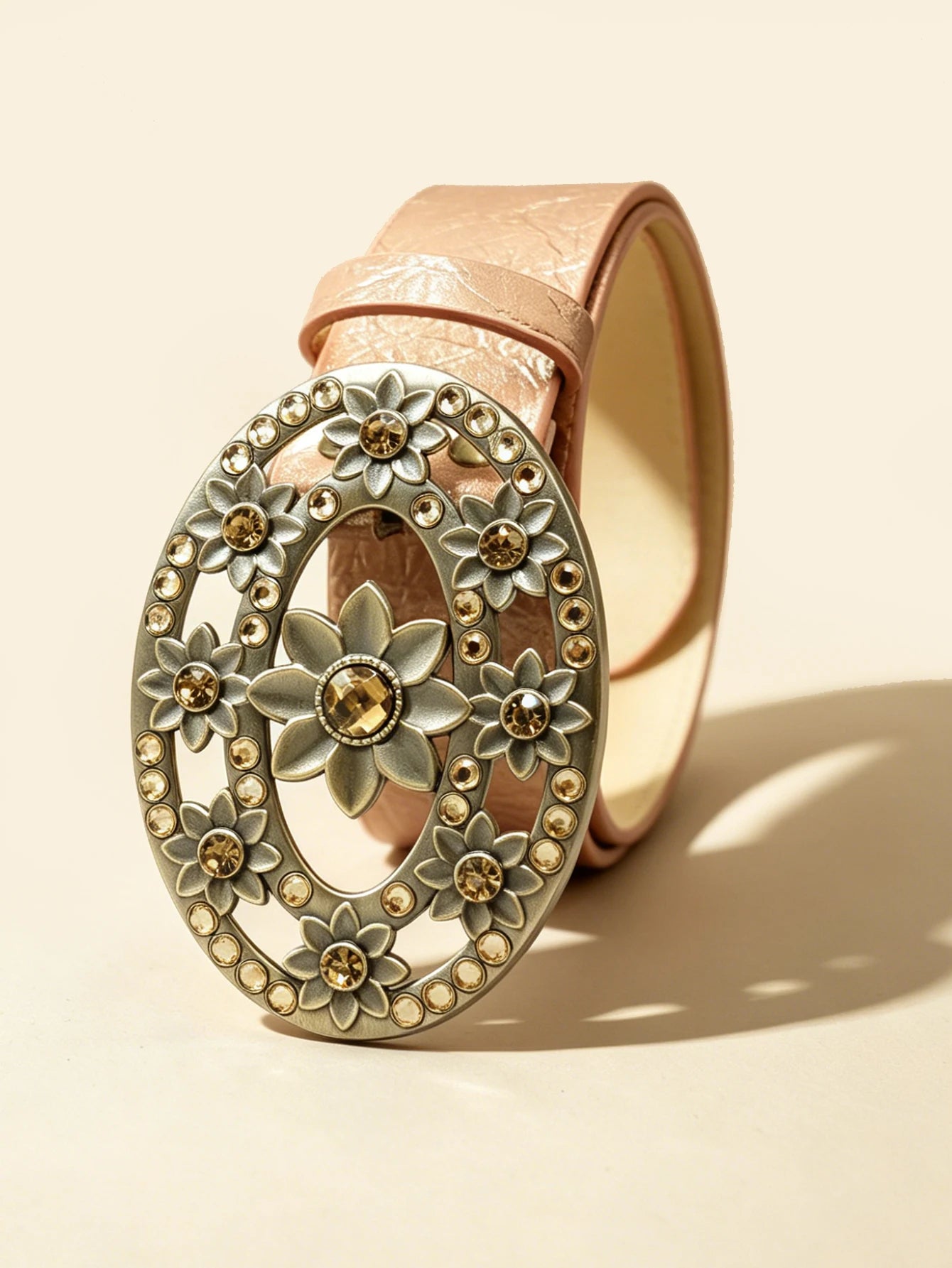 Vintage Floral Rhinestone Buckle Belt, Champagne Textured Women's Versatile Waistband