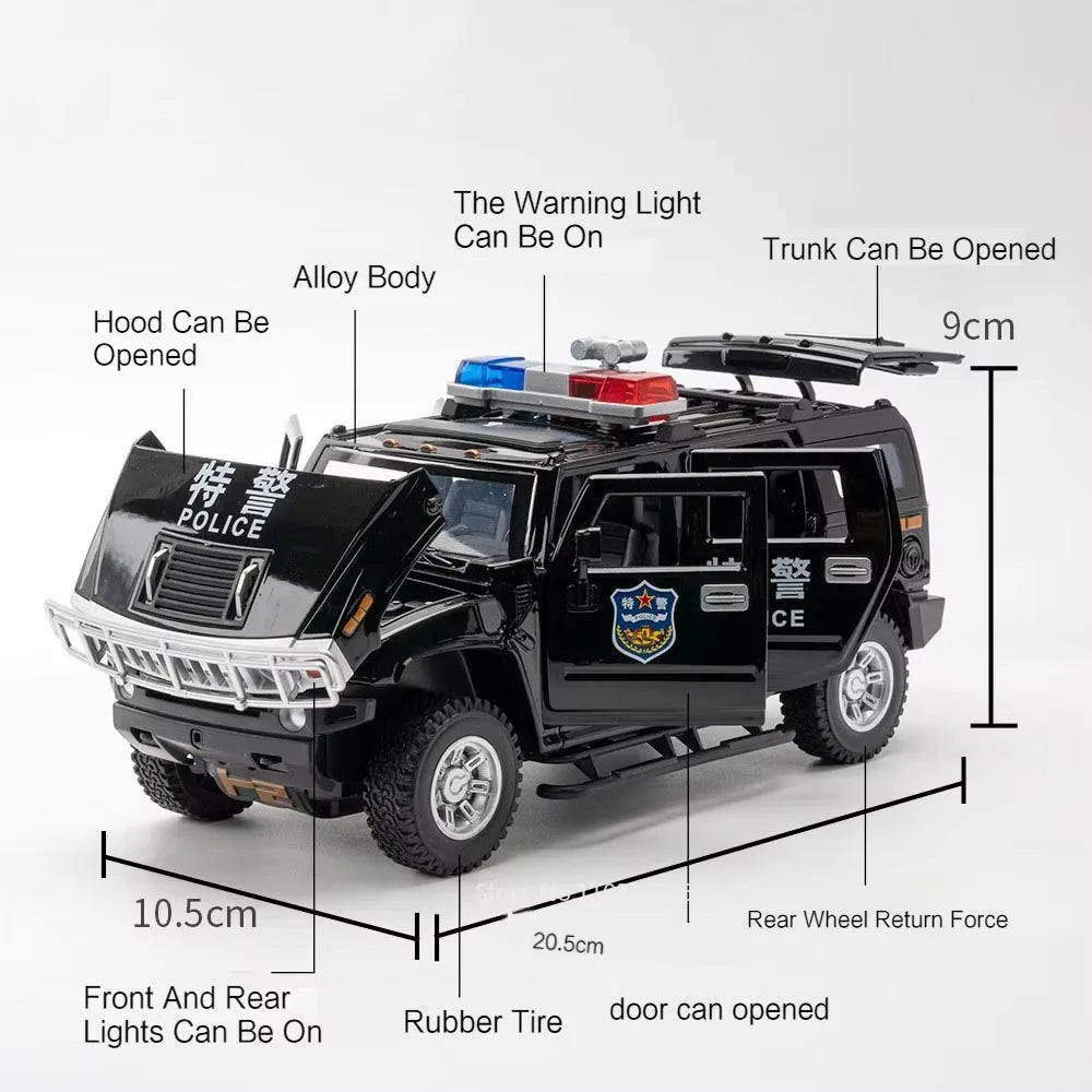 1/24 H2 Police Toy Model Car Alloy Diecast 6 Doors Opened with Sound Light Pull Back Rubber Tire Off-road Vehicles for Kid Gifts