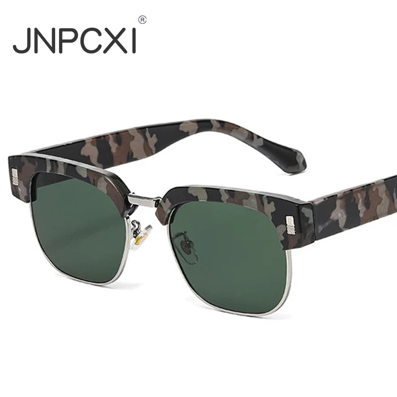 JNPCXI New Square Semi-Metal Sunglasses Women Shades UV400 Fashion Leopard Green Men Punk Sun Glasses